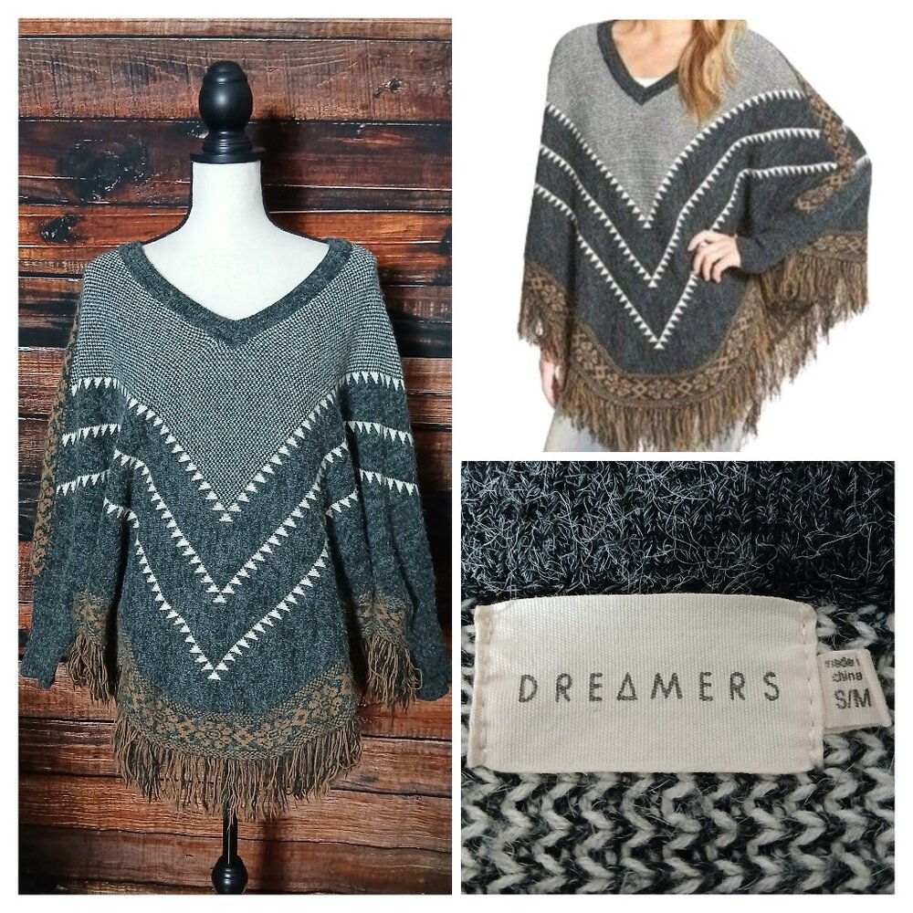 Dreamers Poncho Sweater S/M Boho Aztec Southwest Fringe Warm Fuzzy Knit V-Neck
